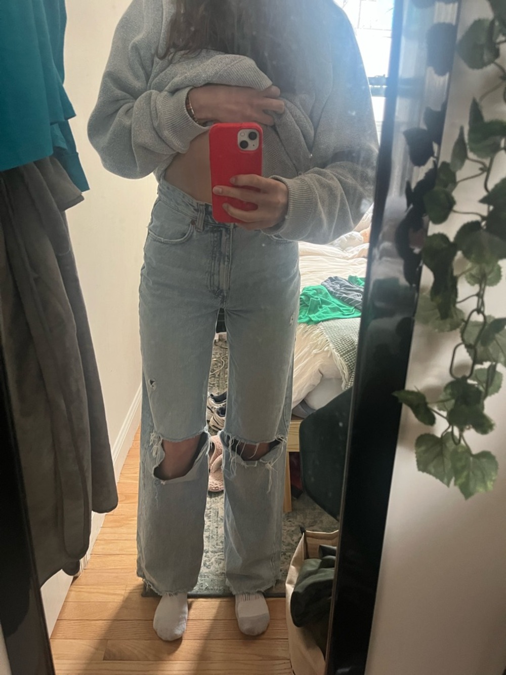 Zara Light Blue Distressed Straight-Leg Jeans